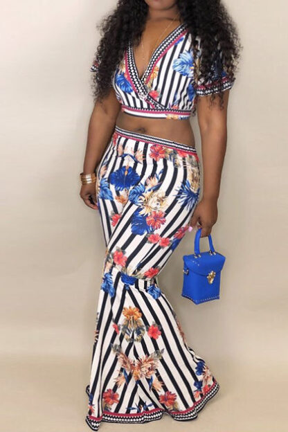Printed V-neck 2 Piece Pants Set