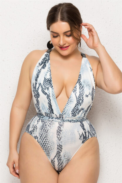 Snake Print Deep V 1 Piece Swimwear (Plus Size) - Image 2
