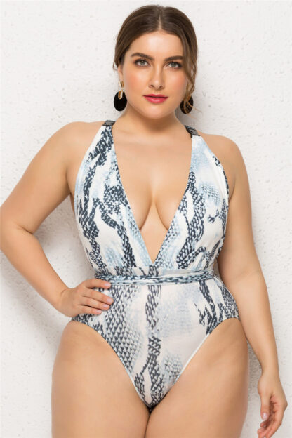 Snake Print Deep V 1 Piece Swimwear (Plus Size)
